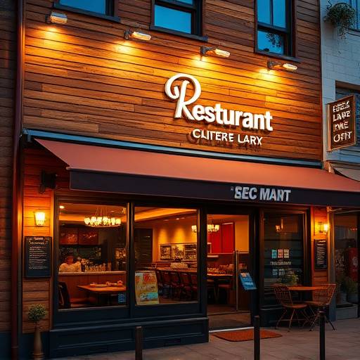 Esterno di un ristorante con facciata in legno e metallo, illuminazione d'atmosfera