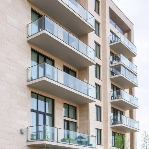 Facciata di un condominio moderno con balconi ampi e rivestimento in pietra chiara
