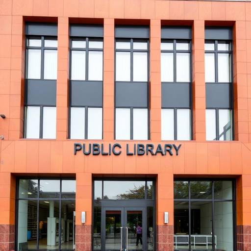 Facciata di una biblioteca pubblica con rivestimento in terracotta e ampie vetrate