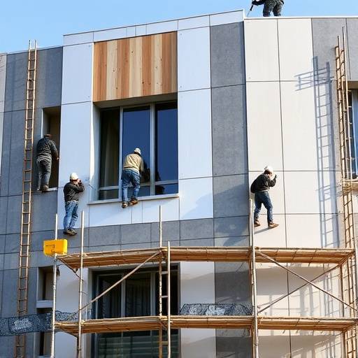 Fotografia di un cantiere edile con operai al lavoro sull'installazione di pannelli di facciata, con impalcature visibili