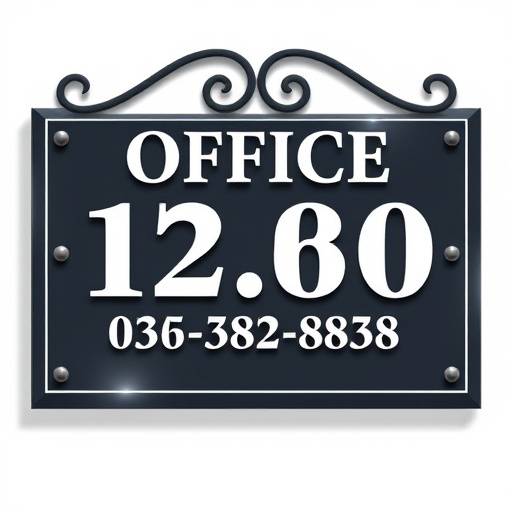 Insegna stilizzata di un ufficio con un numero di telefono e un indirizzo email ben visibili