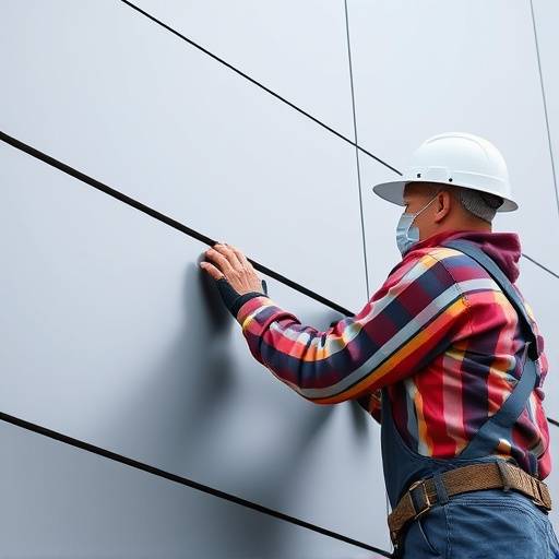 Installatore che applica un rivestimento in alluminio composito su una facciata moderna di un edificio commerciale