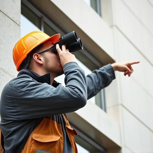 Manutentore edile che ispeziona una facciata con un binocolo, indicando un punto da riparare