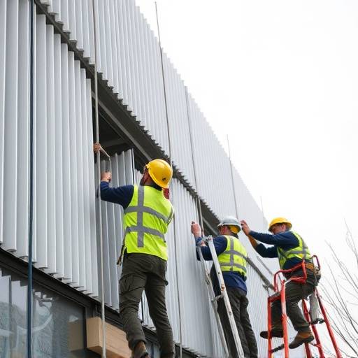 Squadra di operai edili che installano un sistema di facciata ventilata con precisione