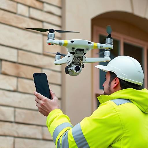 Tecnico che ispeziona una facciata utilizzando un drone per una valutazione dettagliata